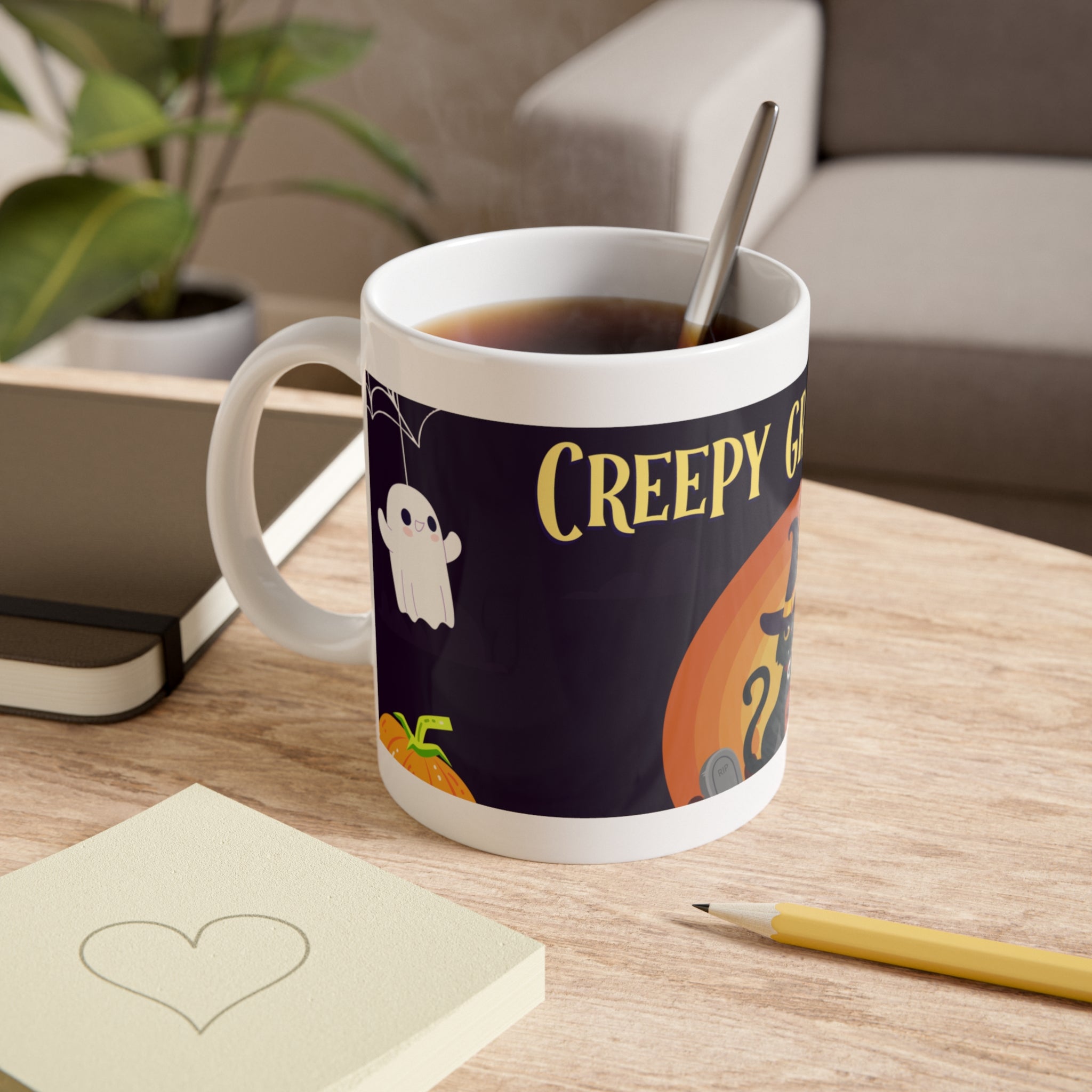 Creepy Graveyard Scene | Halloween Black Cat, Ghosts, and Pumpkins | White Ceramic Mug